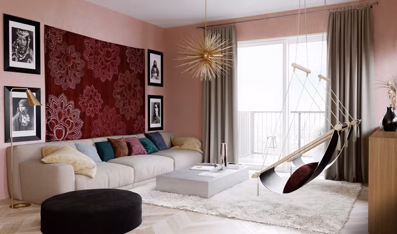  Hồng, đen , trắng tạo nên thế cân bằng cho phòng khách.