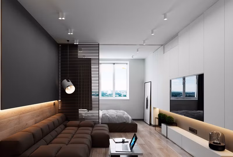 Ánh sáng ban ngày đến với khu vực phòng khách thông qua cửa trượt phòng ngủ được trượt theo ngày. Vào ban đêm, một tấm rèm sẽ được buông xuống để giữ sự riêng tư cho khu vực giường ngủ.
