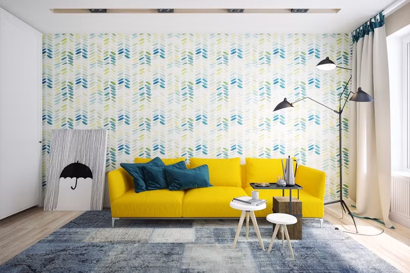 Phòng khách có ít vật dụng, nổi bật là chiếc ghế sofa màu vàng chanh. Phòng khách có ít vật dụng, nổi bật là chiếc ghế sofa màu vàng chanh.