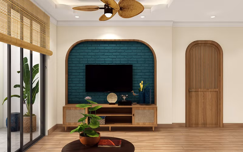  Tủ tivi thấp để lộ bức tường gạch màu xanh tuyệt đẹp.