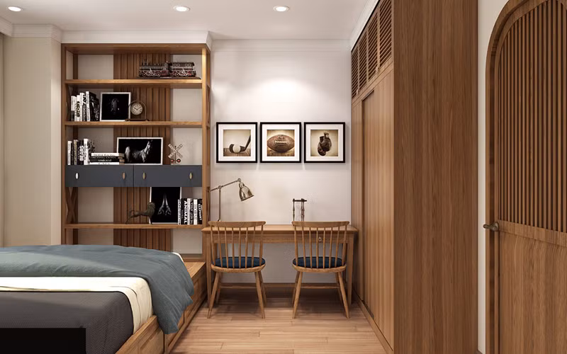  Cuối giường là chiếc bàn học dành cho những đứa trẻ trong nhà.