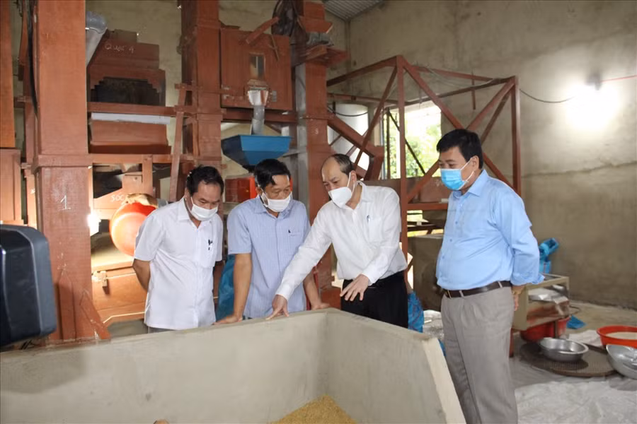 Ông Phạm Ngọc Nghị - Chủ tịch UBND tỉnh Đắk Lắk (thứ 3 từ trái sang) đến thăm nhà máy xay xát gạo của HTX Nông nghiệp Nhật Minh, huyện Krông Ana. Ảnh: B.T