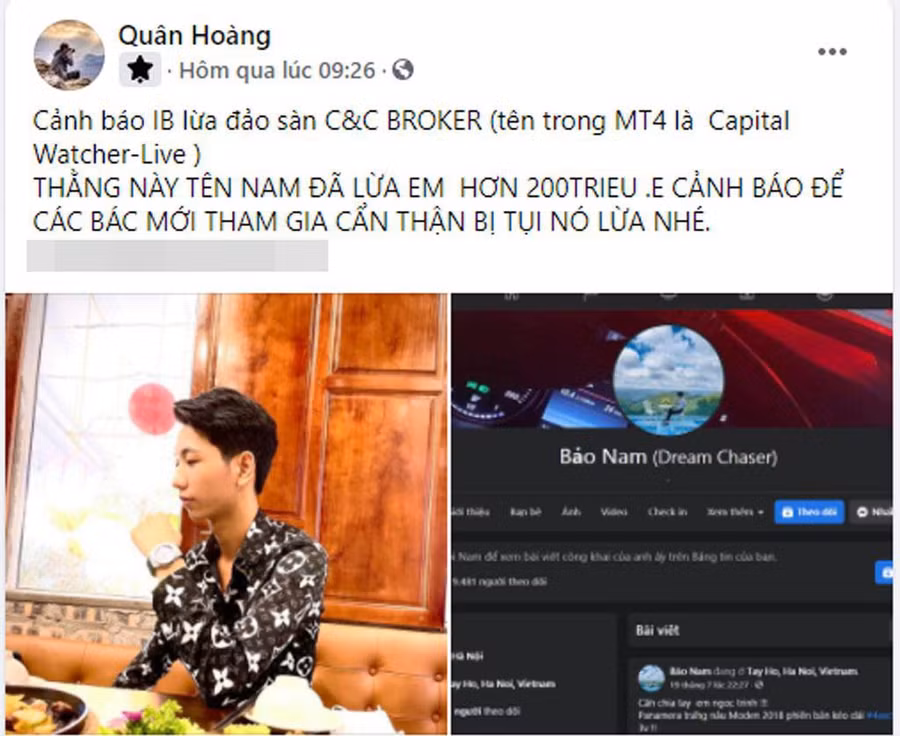  Một tài khoản đăng thông tin tố cáo nhóm lừa đảo thuộc sàn ảo C&C Broker