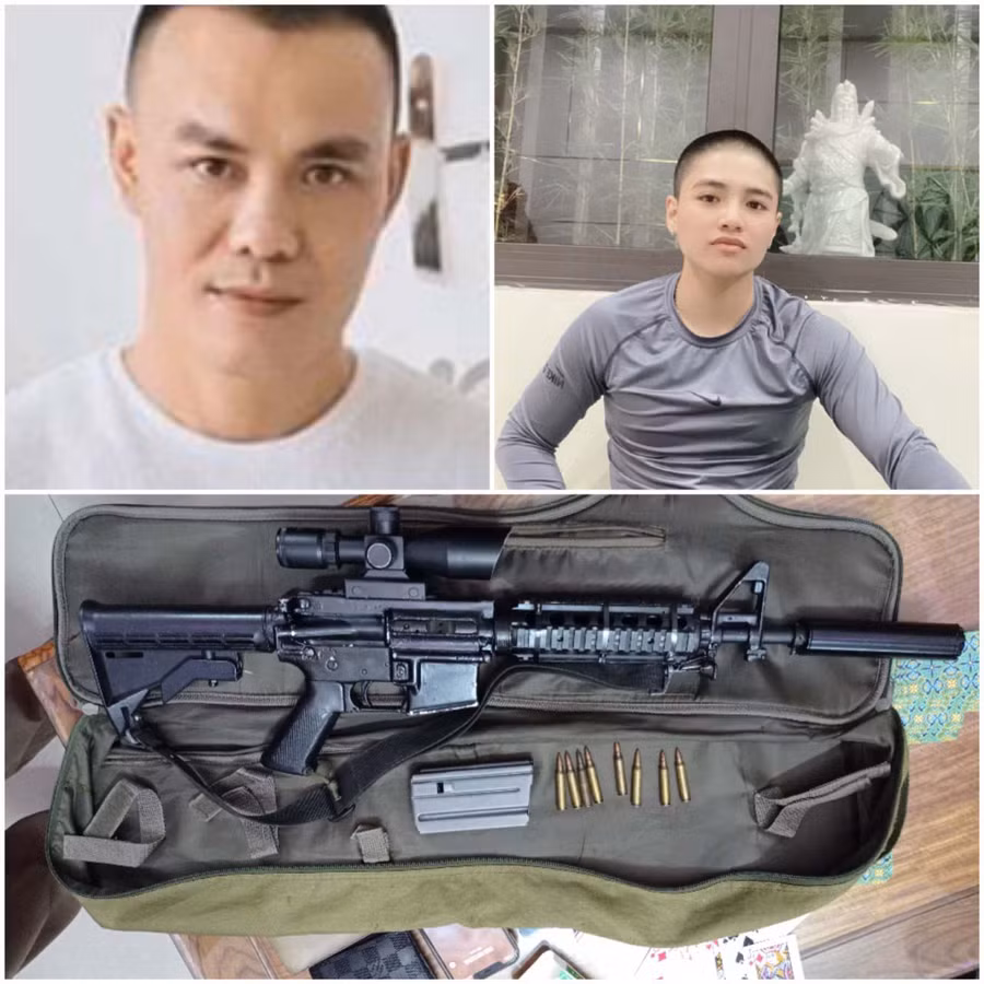 Đối tượng Nguyễn Hòa Minh (bên trái) và Võ Huỳnh Anh Tuấn cùng khẩu súng AR15 là tang vật vụ án. Ảnh: Lê Anh