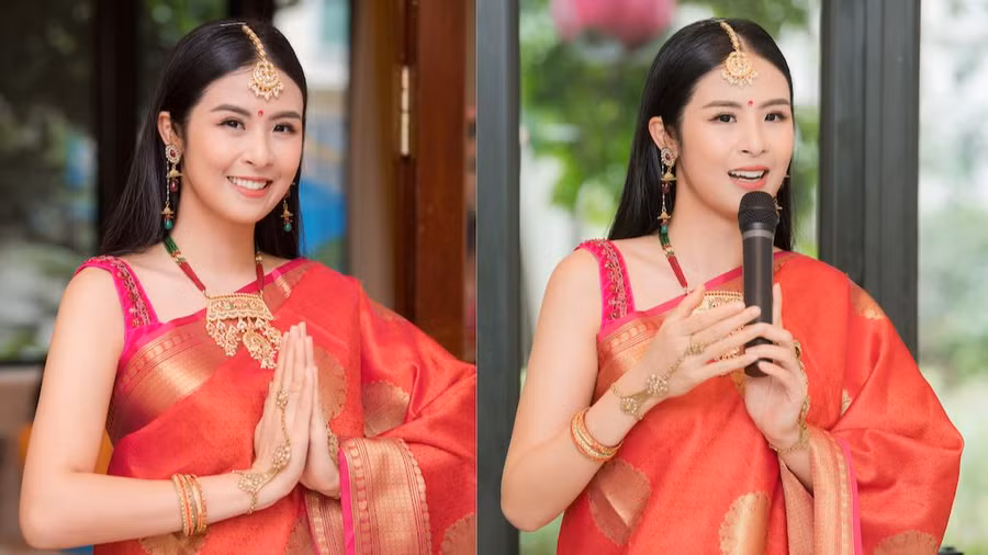 Hoa hậu Ngọc Hân thích thú khi lần đầu được mặc trang phục truyền thống của Ấn Độ. Ảnh: Vũ Toàn