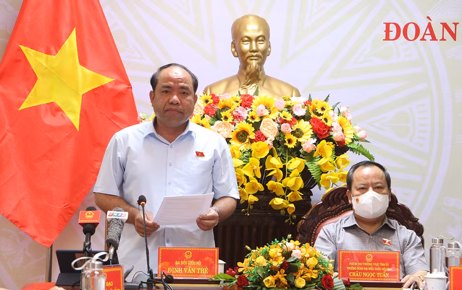 Đại biểu Đinh Văn Thê-Đại tá, Phó Chỉ huy trưởng Bộ Chỉ huy Quân sự tỉnh Gia Lai đã tham gia đóng góp nhiều ý kiến về tình hình thực hiện chính sách, chế độ BHXH, BHYT. Ảnh: Quang Tấn