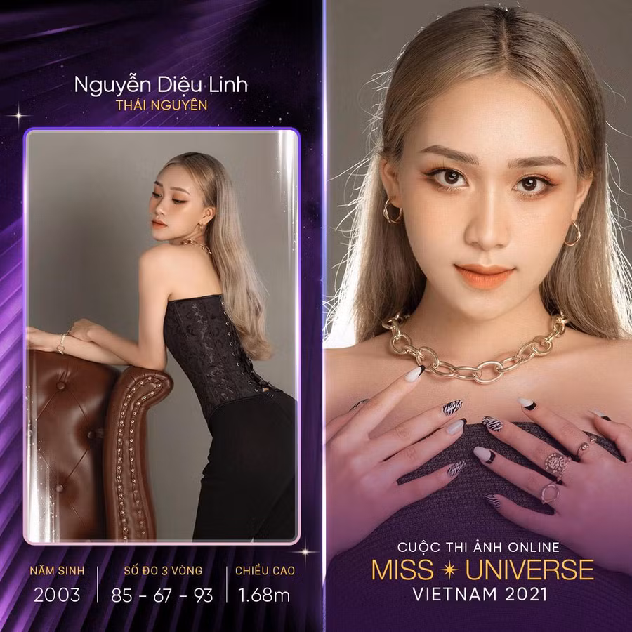  Nguyễn Diệu Linh sinh năm 2003, sở hữu vẻ đẹp sắc sảo. Cô cao 1,68m, số đo ba vòng 85-67-93. Thí sinh đến với Miss Universe Vietnam với tâm thế vui vẻ, lan tỏa sức trẻ và năng lượng tích cực. Ảnh: Miss Universe Vietnam