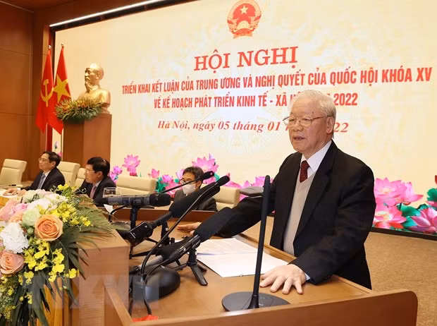 Tổng Bí thư Nguyễn Phú Trọng phát biểu chỉ đạo hội nghị. (Ảnh: Trí Dũng/TTXVN) a