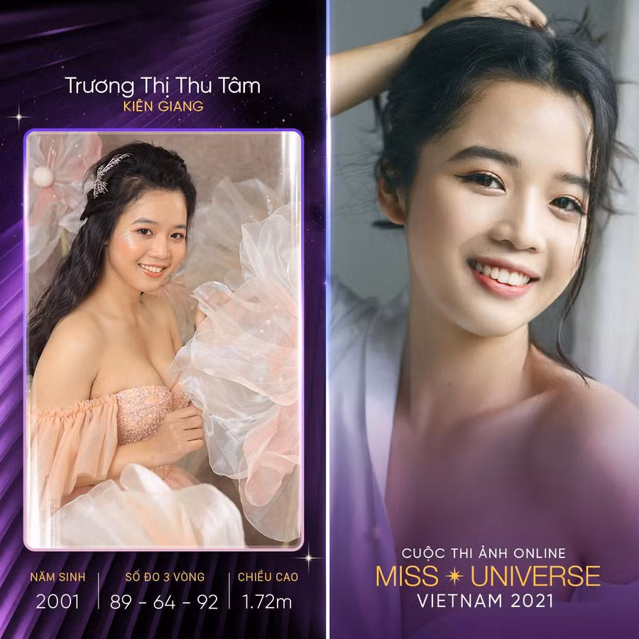  Trương Thị Thu Tâm sinh năm 2001, gây ấn tượng bởi nụ cười tươi. Cô cao 1,72m, số đo ba vòng 89-64-92. Người đẹp quê Kiên Giang mong muốn truyền tải năng lượng tích cực, giúp các cô gái tự tin hơn trong cuộc sống