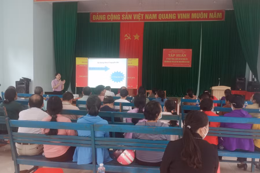 Tập huấn kỹ thuật trồng, chăm sóc và trị bệnh sâu hại trên cây trồng theo hướng an toàn tại phường Đống Đa (TP. Pleiku). Ảnh: Bá Bính