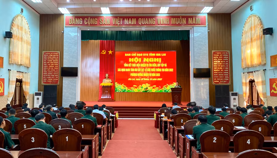 Quang cảnh Hội nghị tổng kết thực hiện nhiệm vụ tìm kiếm, quy tập và xác định danh tính hài cốt liệt sĩ còn thiếu thông tin năm 2022, triển khai nhiệm vụ năm 2023. Ảnh: Hà Duy