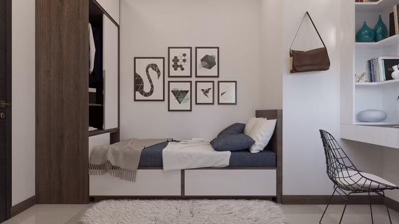 Cửa trượt ngăn giữa giường ngủ và bàn học. Cửa trượt ngăn giữa giường ngủ và bàn học.
