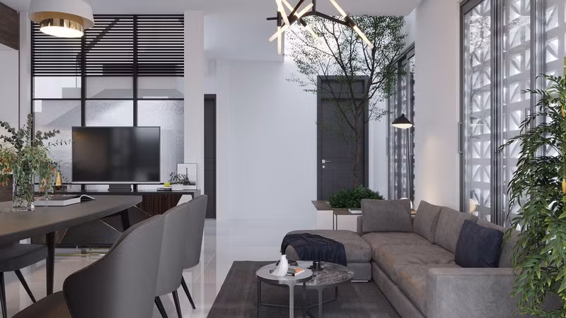 Cây xanh phát triển mạnh mẽ dưới khoảng giếng trời. Cây xanh phát triển mạnh mẽ dưới khoảng giếng trời.