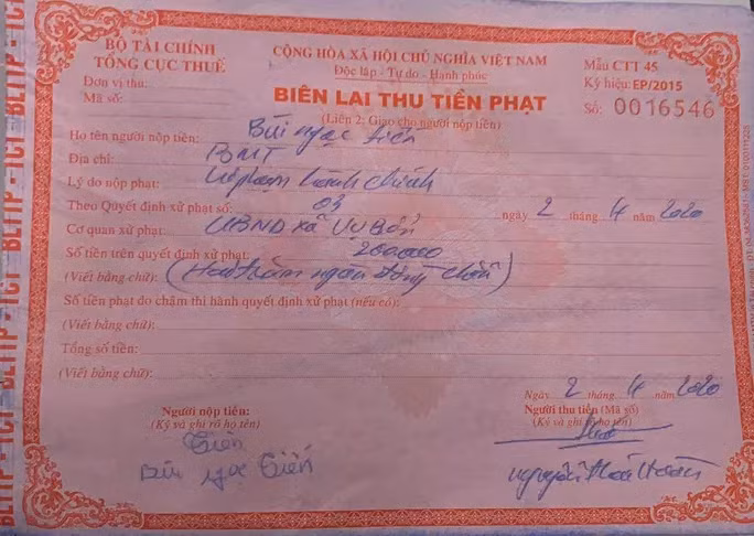Biên lai thu tiền phạt vi phạm hành chính