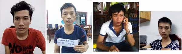 Từ trái qua, các đối tượng Trương Hoàng Trung, Đặng Bảo Luyện, Huỳnh Hà Ngọc Sơn và Nguyễn Hồng Long Khánh tại cơ quan điều tra. 