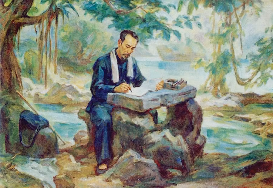  Tranh: Bác Hồ làm việc bên bờ suối Lênin (nguồn: Internet).