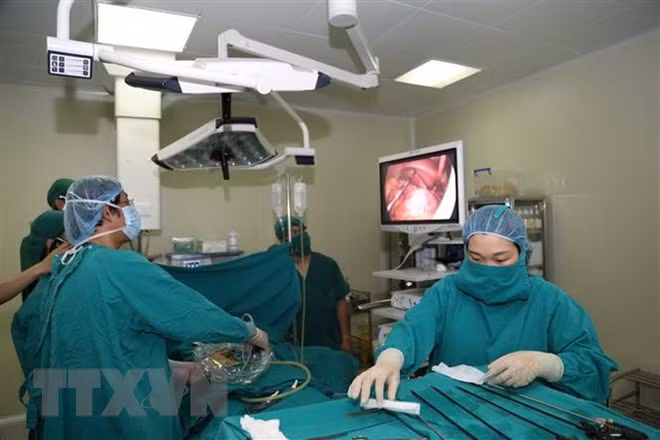 Kíp phẫu thuật Bệnh viện đa khoa Đức Giang phẫu thuật cứu sống bệnh nhân viêm ruột thừa cấp có phủ tạng đảo ngược hoàn toàn cực kỳ hiếm gặp. (Ảnh: Nguyễn Thị Tuyết Mai/TTXVN) Kíp phẫu thuật Bệnh viện đa khoa Đức Giang phẫu thuật cứu sống bệnh nhân viêm ruột thừa cấp có phủ tạng đảo ngược hoàn toàn cực kỳ hiếm gặp. (Ảnh: Nguyễn Thị Tuyết Mai/TTXVN)