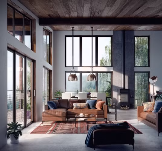 Thảm trải sàn dệt bằng tay cùng ghế sofa bọc da màu nâu tăng thêm chiều sâu cho căn phòng.