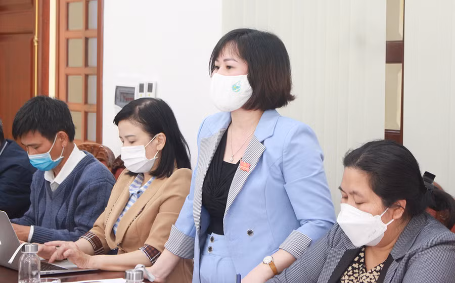 Đại biểu Vũ Thị Thu-Phó Trưởng ban Dân vận Tỉnh ủy tham gia ý kiến tại phiên thảo luận tổ. Ảnh: Tấn Thi