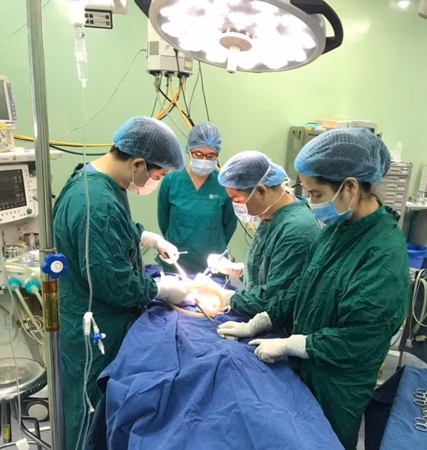 Các bác sỹ phẫu thuật cắt bỏ khối u nặng hơn 1kg khỏi cơ thể bệnh nhi mới 10 ngày tuổi. Ảnh: PV/Vietnam+