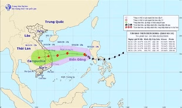 Bản đồ đường đi của Bão số 10 trên biển Đông. (Nguồn: TTXVN phát)