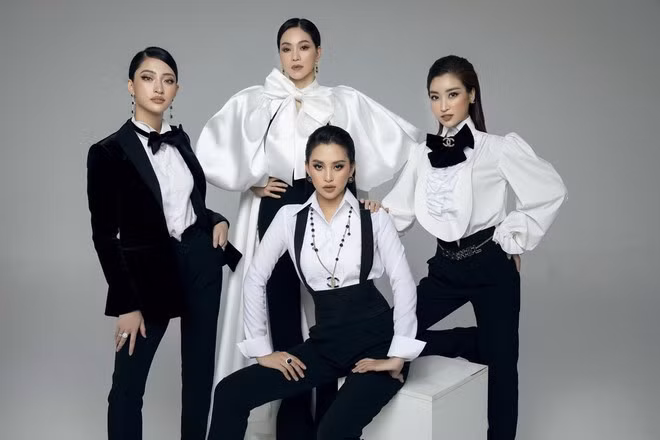 3 Hoa hậu đình đám diện menswear cùng bà Kim Dung để khởi động cho đêm thi Người đẹp thời trang tại Vũng Tàu. ẢNH: LÊ THIỆN VIỄN