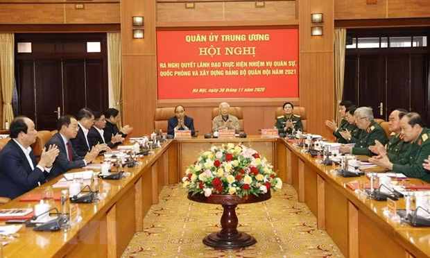 Tổng Bí thư, Chủ tịch nước Nguyễn Phú Trọng, Bí thư Quân ủy Trung ương chủ trì Hội nghị. (Ảnh: Trí Dũng/TTXVN)