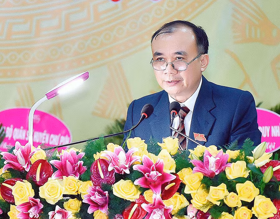 Bí thư Huyện ủy Chư Pưh Huỳnh Minh Thuận phát biểu khai mạc Đại hội. Ảnh: Đức Thụy