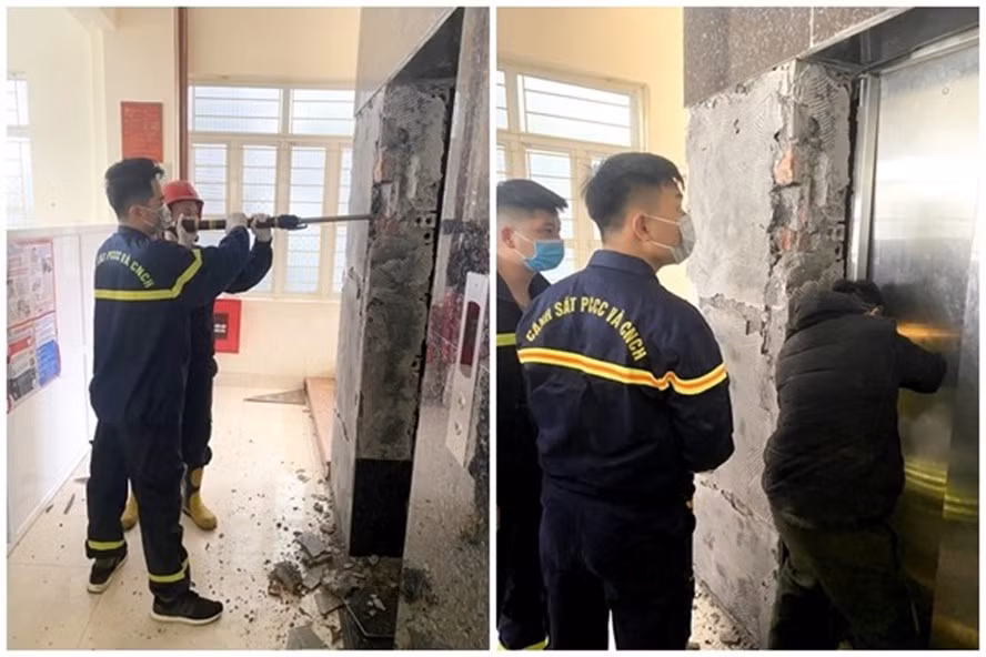 Công an thị xã Quảng Yên (Quảng Ninh) sử dụng các thiết bị cầm tay để phá dỡ một phần thang máy tiếp cận nạn nhân xấu số. Ảnh: CTV Khánh Nam
