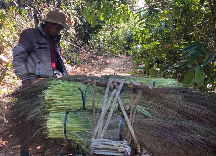 Anh Dưng (làng Kông Hiot, xã Hải Yang, huyện Đak Đoa) chuẩn bị chở đót về nhà. Ảnh: Hà Phương