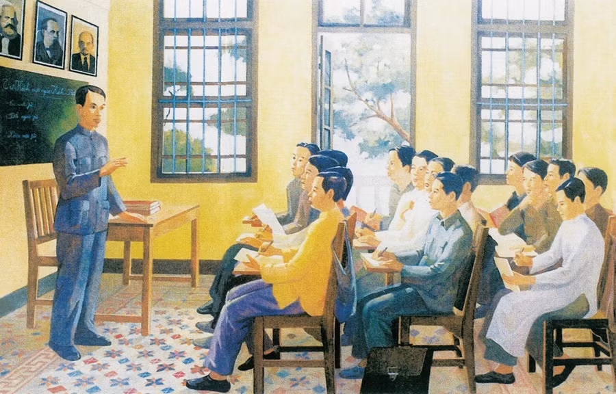 Từ 1925-1927, tại nhà số 13, đường Văn Minh (Quảng Châu, Trung Quốc), Lãnh tụ Nguyễn Ái Quốc đã mở các lớp huấn luyện chính trị, đào tạo cán bộ cho cách mạng Việt Nam. Tranh trưng bày tại triển lãm. (Ảnh: Minh Thu/Vietnam+)