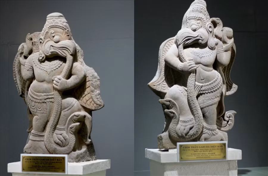  Cặp Chim thần GARUDA diệt rắn - Bảo vật Quốc gia. 2 Garuda trang trí đối xứng hai bên tường của tháp Mẫm (thị xã An Nhơn), có niên đại từ thế kỷ XII – XIII. Ảnh: N.T