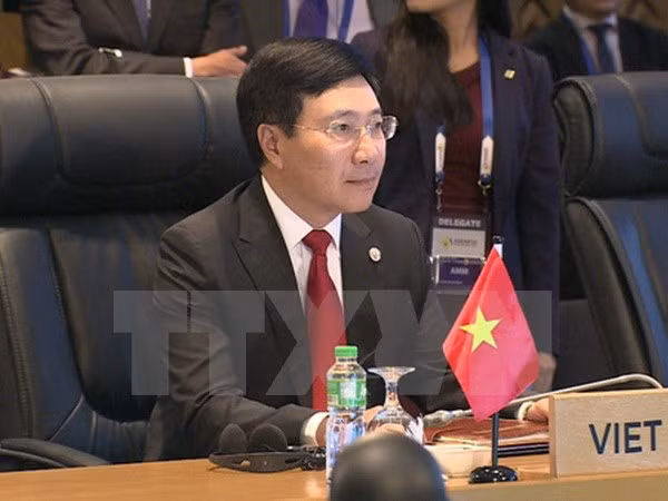 Phó Thủ tướng, Bộ trưởng Bộ Ngoại giao Phạm Bình Minh dự Hội nghị Bộ trưởng Ngoại giao ASEAN. (Ảnh: Mỹ Bình/TTXVN)