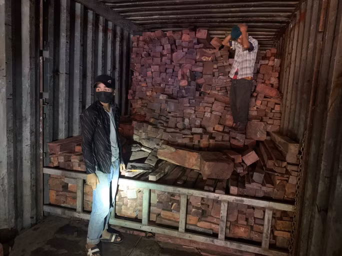 Hàng chục khối gỗ lậu bị lực lượng chức năng bắt giữ. (Ảnh: Đình Tiến)