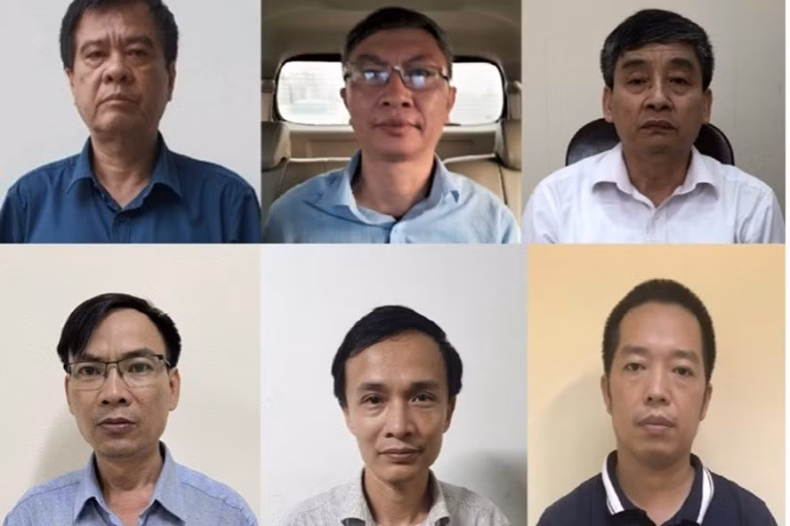 Các bị can (từ trái sang hàng trên) Nguyễn Văn Kiên, Trịnh Mạnh Cường, Đinh Văn Hữu và Quang Tuyến, Võ Thúc Chính, Mai Thanh An (hàng dưới từ trái qua).