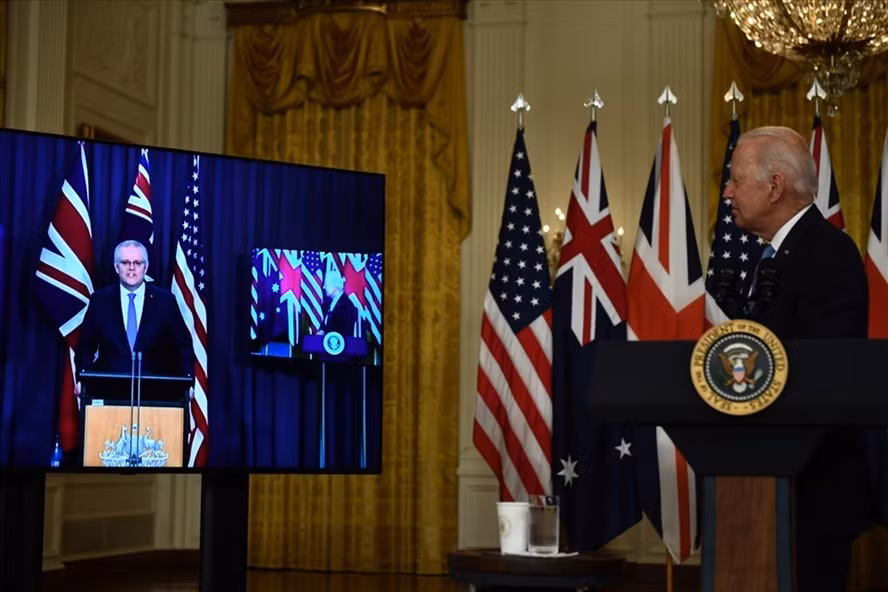 Lãnh đạo Mỹ, Anh, Australia thông báo lập liên minh AUKUS. Ảnh: AFP