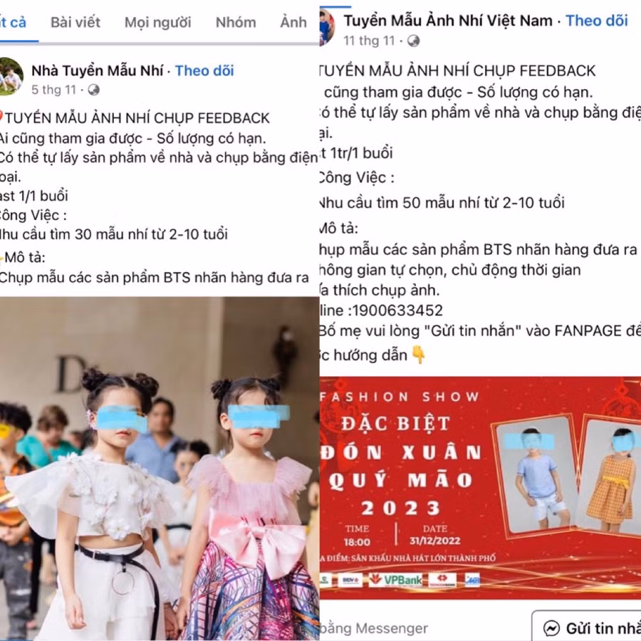Nhiều Fanpage đăng tuyển mẫu nhí với lời mời hấp dẫn. Ảnh: P.V