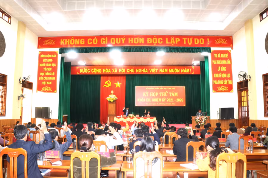 Kỳ họp thứ 8 HĐND thị xã An Khê thông qua 13 nghị quyết quan trọng. Ảnh: Ngọc Minh