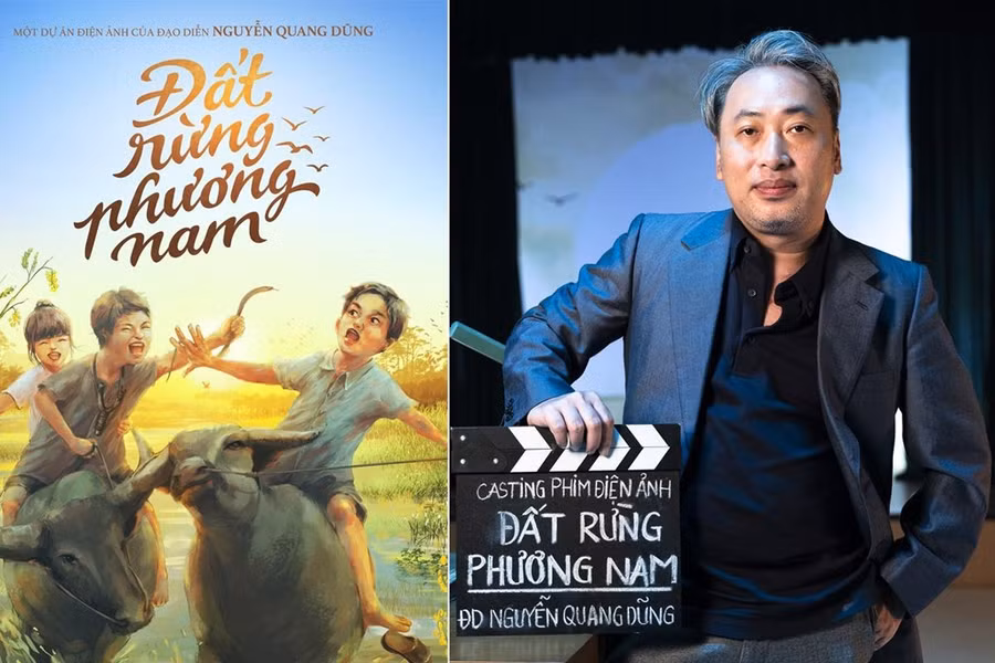 Đạo diễn Nguyễn Quang Dũng và poster phác thảo của Đất rừng phương Nam. Ảnh: GALAXY