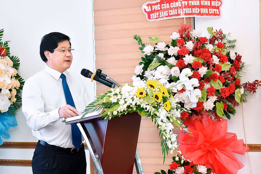 Thứ trưởng Bộ Nông nghiệp và PTNT Lê Quốc Doanh phát biểu tại buổi lễ xuất khẩu cà phê sang châu Âu theo Hiệp định EVFTA. Ảnh: Hà Duy