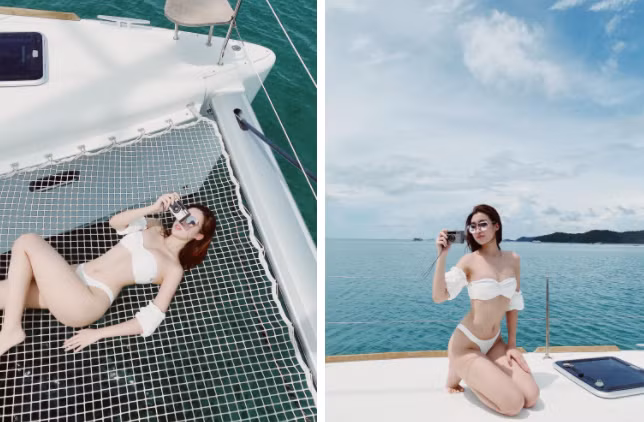 Trước đó, Hoa hậu Đỗ Mỹ Linh cũng từng gây chú ý khi lựa chọn bikini khoe khéo đường cong.