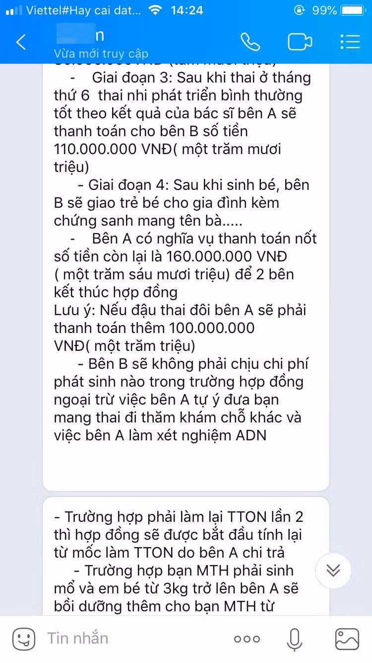  Điều khoản thanh toán của hợp đồng mang thai hộ. Ảnh trích từ Zalo