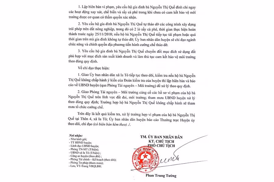  Báo cáo kết quả kiểm tra, xử lý cơ sở chế biến, xay xát, sấy cà phê của bà Nguyễn Thị Quế