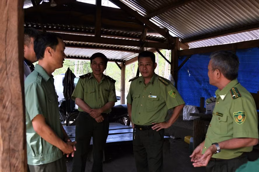Lãnh đạo Chi cục Kiểm lâm Đắk Lắk đến kiểm tra một lán trại canh gác của Ban quản lý Khu bảo tồn thiên nhiên Ea Sô. Ảnh: Bảo Trung