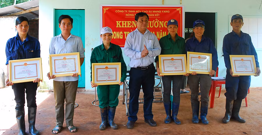 Ông Trương Minh Tiến-Bí thư Đảng ủy, Tổng Giám đốc Công ty khen thưởng công nhân xuất sắc tại Nông trường Đoàn Kết. Ảnh: Đ.Y