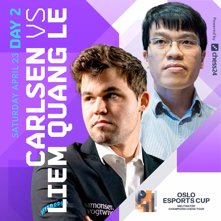 Lê Quang Liêm (phải) lần đầu đánh bại Vua cờ Carlsen. Ảnh: CHESS24