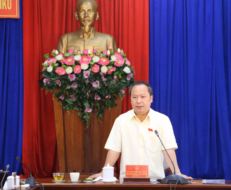 Phó Bí thư Thường trực Tỉnh ủy, Trưởng đoàn đại biểu Quốc hội tỉnh Châu Ngọc Tuấn phát biểu tại buổi giám sát. Ảnh: Quang Tấn