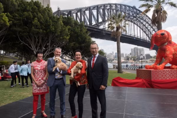 Thị trưởng Sydney, Clover Moore (thứ hai từ phải sang) dự lễ khởi động tổ chức mừng năm mới âm lịch hôm 12-2. Sydney là nơi tổ chức hoạt động mừng năm mới âm lịch lớn nhất ngoài châu Á. Ảnh: ChinaPlus.