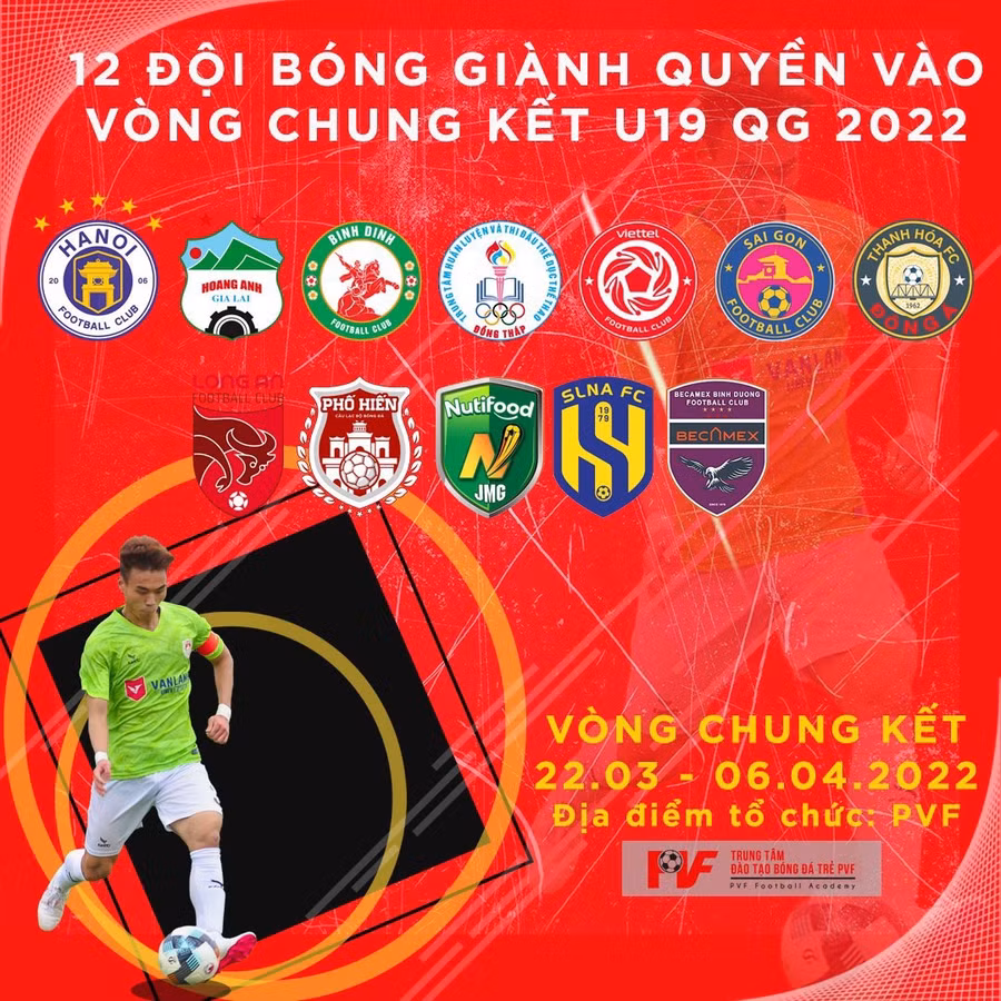 Poster của địa điểm đăng cai có logo 12 đội bóng sẽ dự VCK