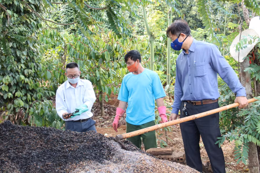 Cán bộ khuyến nông huyện Cư Kuin hướng dẫn người dân cách ủ phân hữu cơ đạt hiệu quả tốt.